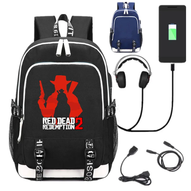 Игровой красный Dead Redemption 2 USB Рюкзак Школьные сумки Bookbag косплей аниме мультфильм унисекс плечо ноутбук дорожные сумки Mochilas