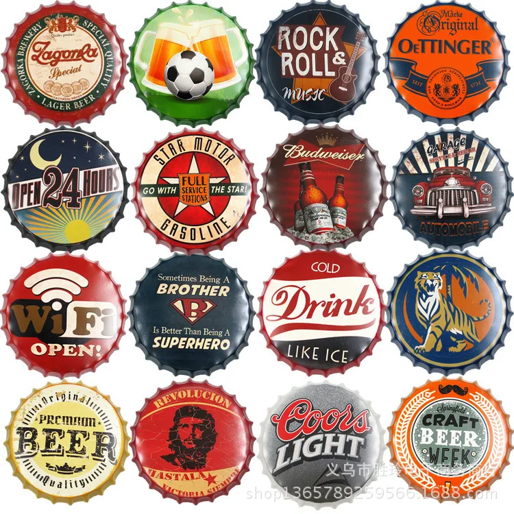 

20pcs/lot 35CM 14" Car Drink Music beer Wine vintage Bottle Cap Retro Tin Metal Sign Soda Pop Drink Kitchen Home Decor
