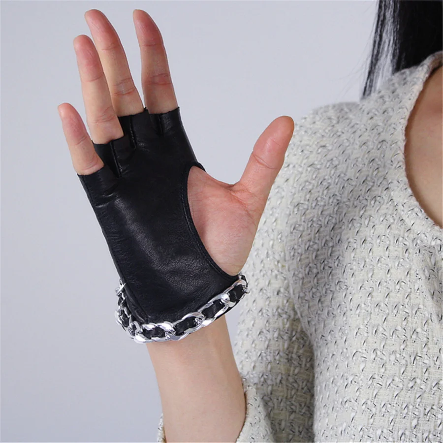 

Women Leather Gloves Sheepskin Black Half Finger Ultra Short Gloves Locomotive Street Dance Retro Models Silver Chain TBWL01