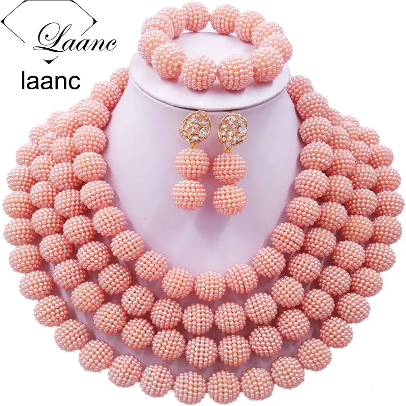 

Laanc Nigerian Wedding African Beads Jewelry Set Peach Simulated Pearl Beaded Necklace 4RDSZ004