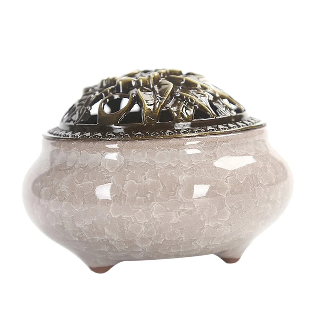 2x Vintage Chinese Ceramic Incense Burner Holder Buddhist Cones Coil Spiral Censer Ash Catcher Bowl with Alloy Cover