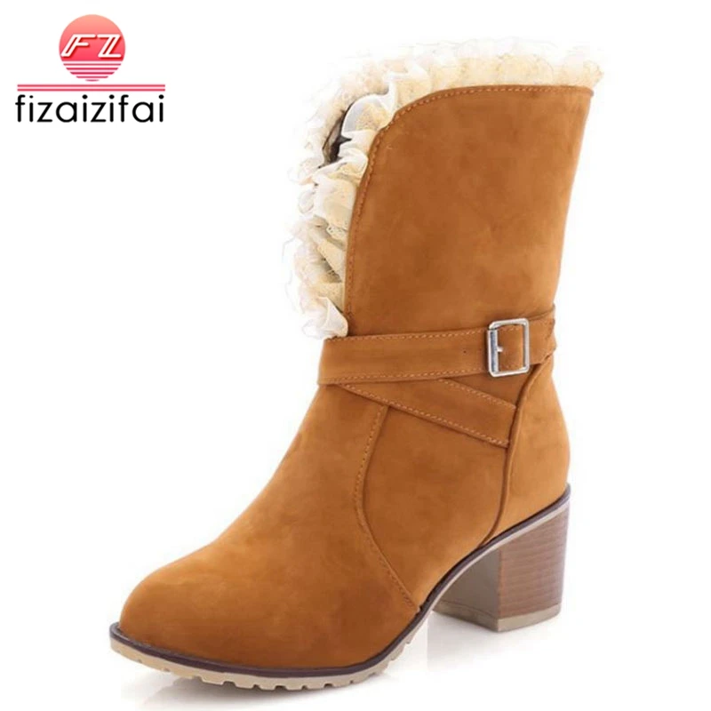

FizaiZifai Women Square Heel Boots Half Knee Short Fashion Lace Dress Botas Winter Warm Boots Women Shoes Size 34-43