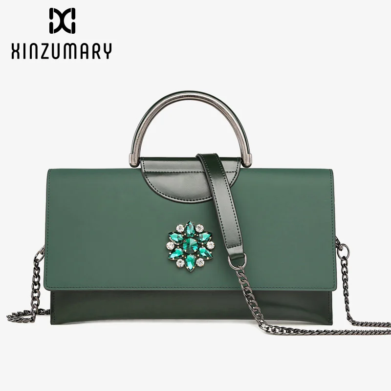 

Summer Large Capacity Vintage Shoulder Bag Slung Casual Female Handbag Leather Rhinestone Lady Handbag 2019 Dark Green Crossbody