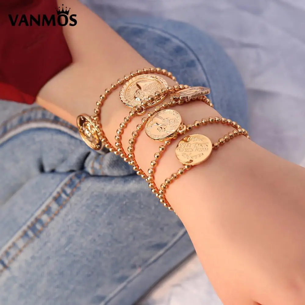 

Vanmos Christian Virgin Mary Carved Gold Color Coin Pendant Bracelets Bohemian Vintage Beads Chain Women's Girl's Bangle Jewelry