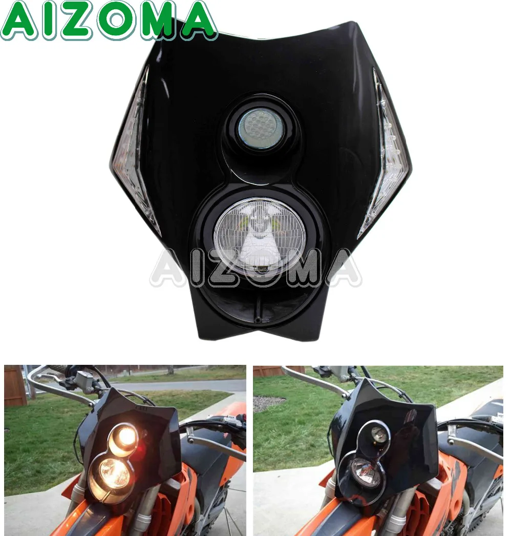 

Black H3/55W Motorcycle Street Fighter Offroad Dual Sport Halogen&LED Headlight w/Turn Signal Light For KTM Kawasaki Universal
