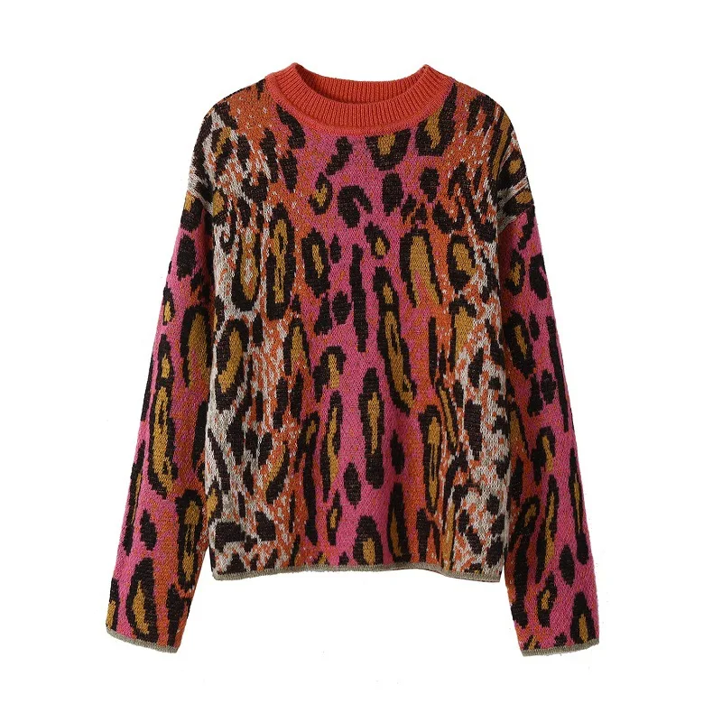 Цветной Леопардовый вязаный женский свитер осень зима модный Свободный пуловер с круглым вырезом женский розовый Леопардовый свитер Топы - Цвет: as picture