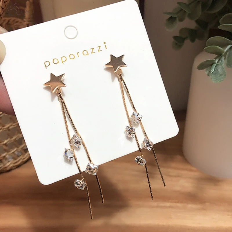 

AOMU Trend Elegant Metal Rhinestone Geometric Asymmetry Pentagram Long Tassel Dangle Drop Earrings for Women Girl Party Jewelry