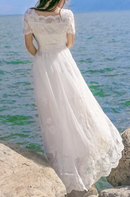 Высокое качество Стильный короткий рукав Цветочная вышивка Узорчатое кружевное женское длинное платье