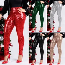 S-XXXL Plus Size Women Sequins Pants Sexy Slim Chic Club Wear Skinny Trousers High Waist Pure Color Long Pants Pantalon Femme women s chic geometrical print color block skinny leggings