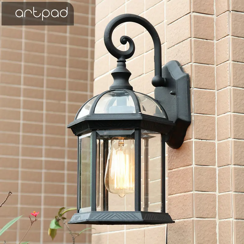 

Artpad American Retro Black Cage Waterproof Wall Lamp Glass Sconces Waterproof Outdoor Indoor Villa Garden Wall Bracket Lights