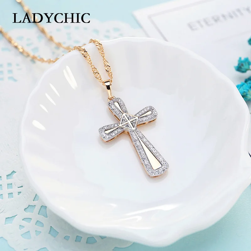 LADYCHIC Gold Color Cross Pendant Necklaces for Woman Trendy Cubic Zirconia Crystal Necklace Jewelry Christian Catholic Bijoux