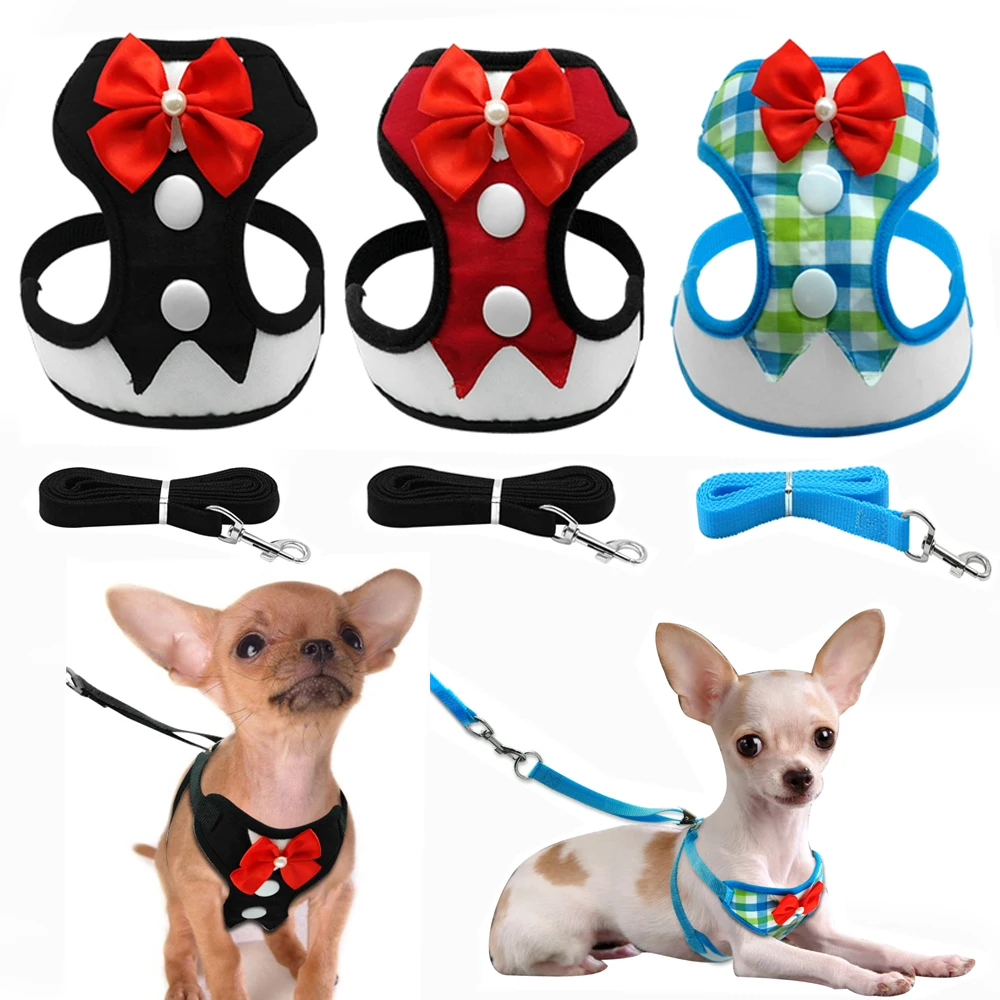 

Gentleman Bowtie Puppy Dog Harness Vest With Leash Mesh Small Dogs Cats Tuxedo Vests Walking Leash Set For Chihuahua Yorkie