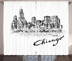 Chicago Skyline шторы Винтаж работа американского города в рисованной стиль эскизы эффекты Гостиная Спальня Шторы