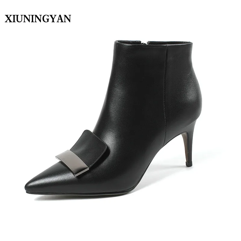 

XIUNINGYAN Women Shoes NEW Ankle Boots Genuine Leather Thin High Heel Fashion Women Party Sexy Shoes Black Warm Large Size 33-43