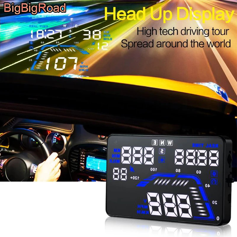 BigBigRoad дюймов 5,5 дюймов автомобиля gps HUD Head Up дисплей ветрового стекла проектор спутникового времени высота скорость одометр Предупреждение