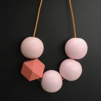 mint pink pastel wood beads necklace, Natural geometric modern necklace minimalist boho tribal jewelry wood pendant NW019