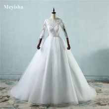 ZJ9091 дизайн с длинными рукавами белое свадебное платье цвета слоновой кости Часовня Поезд Кружева Новое поступление тюлевые Свадебные платья Размер 2-26 W