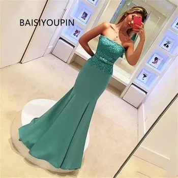 

Elegant Long arabic evening formal dresses 2020 plus size mermaid prom dresses party wear Strapless Lace Floor Length