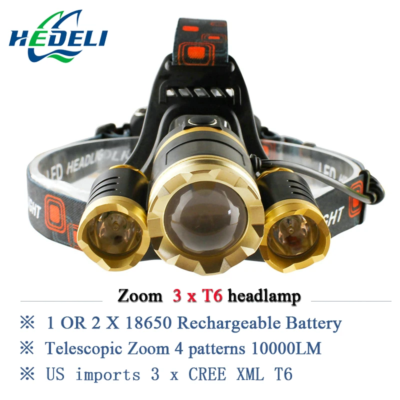 10000 lumensแบบชาร์จไฟledไฟหน้า3T6หัวไฟฉายไฟฉายcree xml t6 ledไฟหน้าไฟหน้ากันน้ำไฟไฟหน้า18650แบตเตอรี