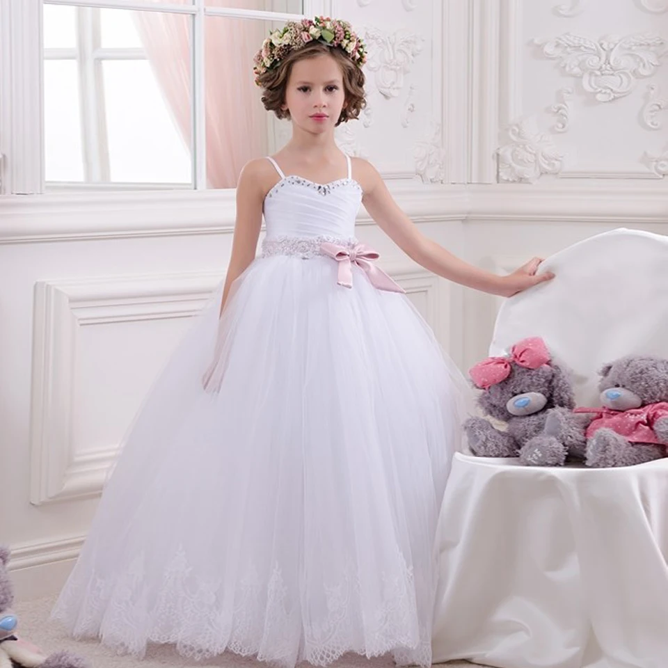 

Delicate White Spaghetti Straps Ribbons Beading Shoulderless Bow Little Brides Wedding Ball Gowns Communion Flower Girl Dress