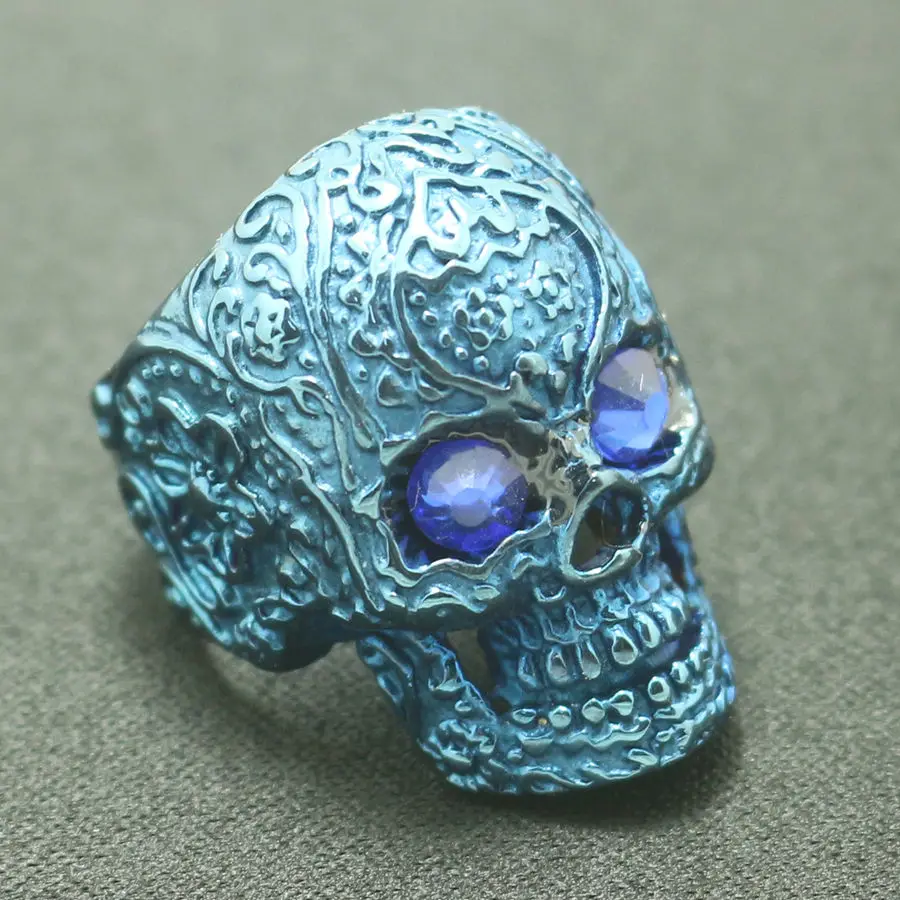 

Size 6 To Size 16 Boy 316L Stainless Steel Cool Flower Blue Stone Eye Skull Biker Classic Ring
