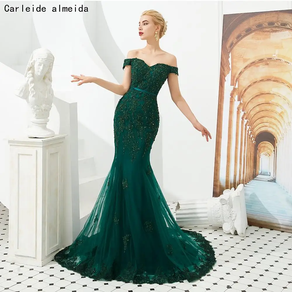 

Green Tulle Mermaid Prom Dresses with Bead Lace Appliques Long Evening Party Dress Women Formal Dress