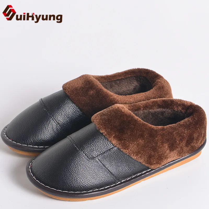 

Suihyung Men's Home Slippers New Winter Warm Cotton-padded Flats Soft Real Leather Plush Slip-On Bedroom Non-slip Casual Shoes