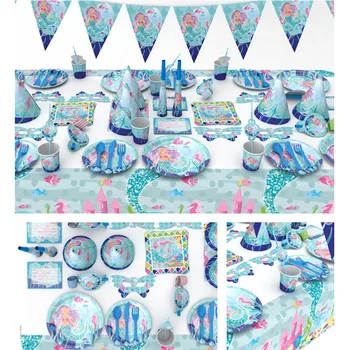 

95pcs/lot 6 kids Creative Mermaid Disposable Tableware Party Set for kids Girl Birthday Baby Shower Party Mermaid Decor&supplies