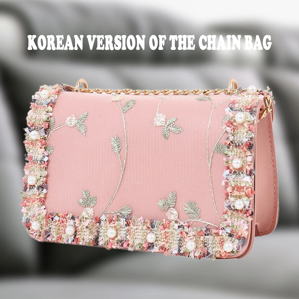 

Lace Flowers Women bag 2018 New handbag High quality PU Leather Sweet Girl Square bag Flower Pearl Chain Shoulder Messenger Bag