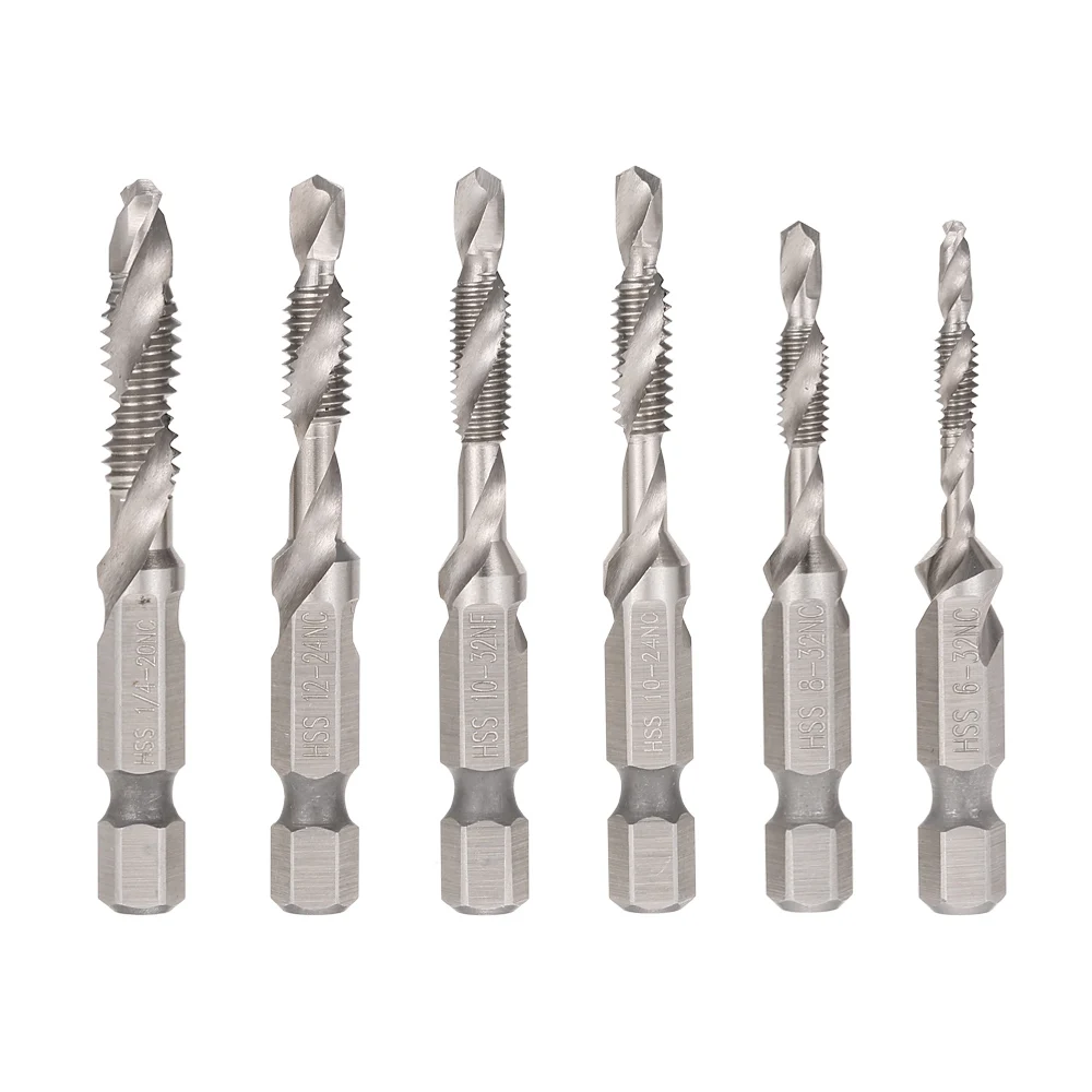 

6pcs High-Speed Steel Combined Tap Drill HSS Drill Tap Countersink Set Deburr Bit1/4" Hex Quick Change Tapping Drill Bits Kit