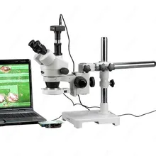LED Boom Stand Microscope–AmScope Supplies 7X-180X LED Boom Stand Stereo Zoom Microscope + 9.1MP Camera