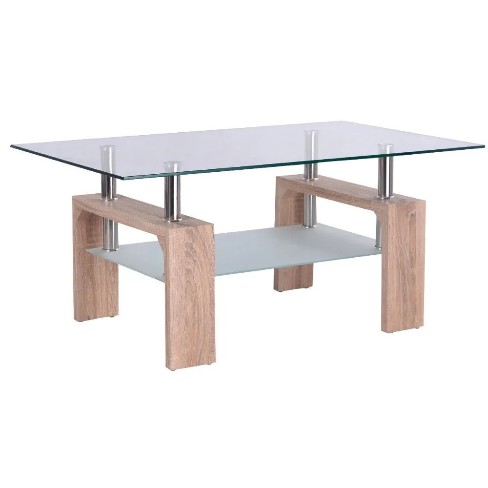  Goplus Rectangular Glass Coffee Table with Storage Shelf Modern Wood Legs Side Coffee Table Living 