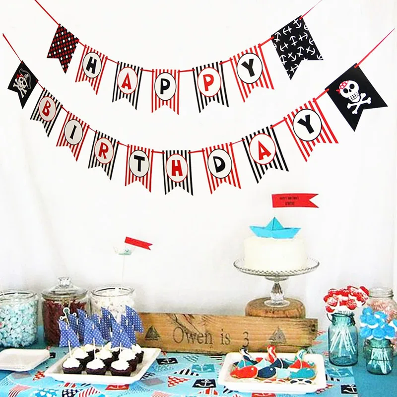 

Pirate Theme First 1st Happy Birthday Banner Decoration Polka Dot Striped Printed Pirate Party Banner Photo Prop Birthday Decor