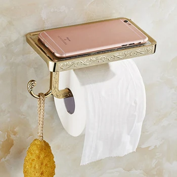 

1pc Retro Metal Toilet Roll Paper Rack with Phone Shelf Bathroom Shelves Antique Carving Wall Mounted Bathroom Paper Holder Hook