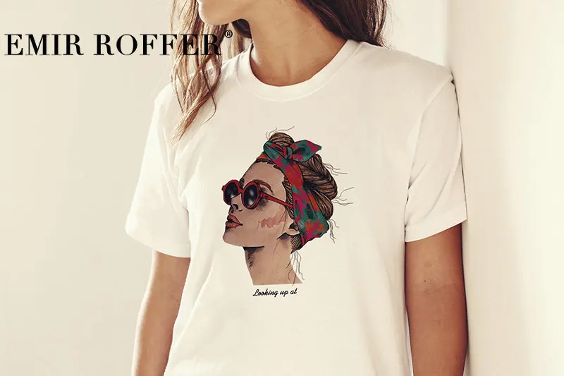 أمير ROFFER 2019 الأزياء بارد طباعة الإناث تي شيرت الأبيض القطن المرأة بلايز الصيف عارضة المتناثرة T قميص فام أعلى