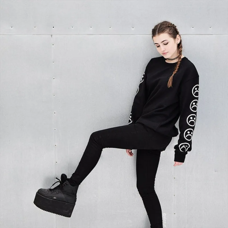 Sad Faces Emoticon Sleeves Printed Keyboard Sweatshirt Sweater Black White Tumblr Hoodies Winter Tracksuit Clothing 