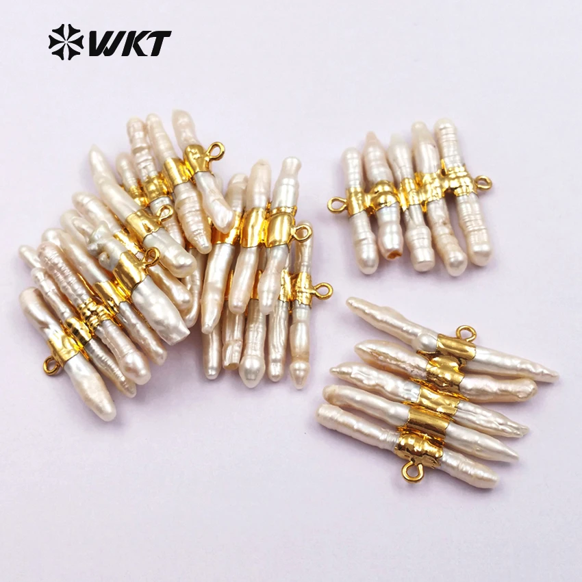 WT-JP039 Wholesale Tiny Stick Natural Freshwater Pearl Connector Charm Accessory With Gold Electroplated for Jewelry