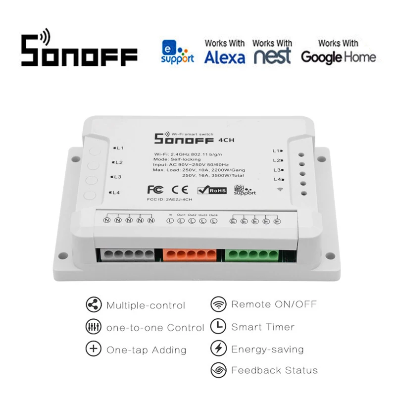 

Sonoff 4CH R2 ITEAD 4 Channel Din Rail Mounting WiFI Smart Switch work with IFTT/Alexa compatible/Google home automation kit