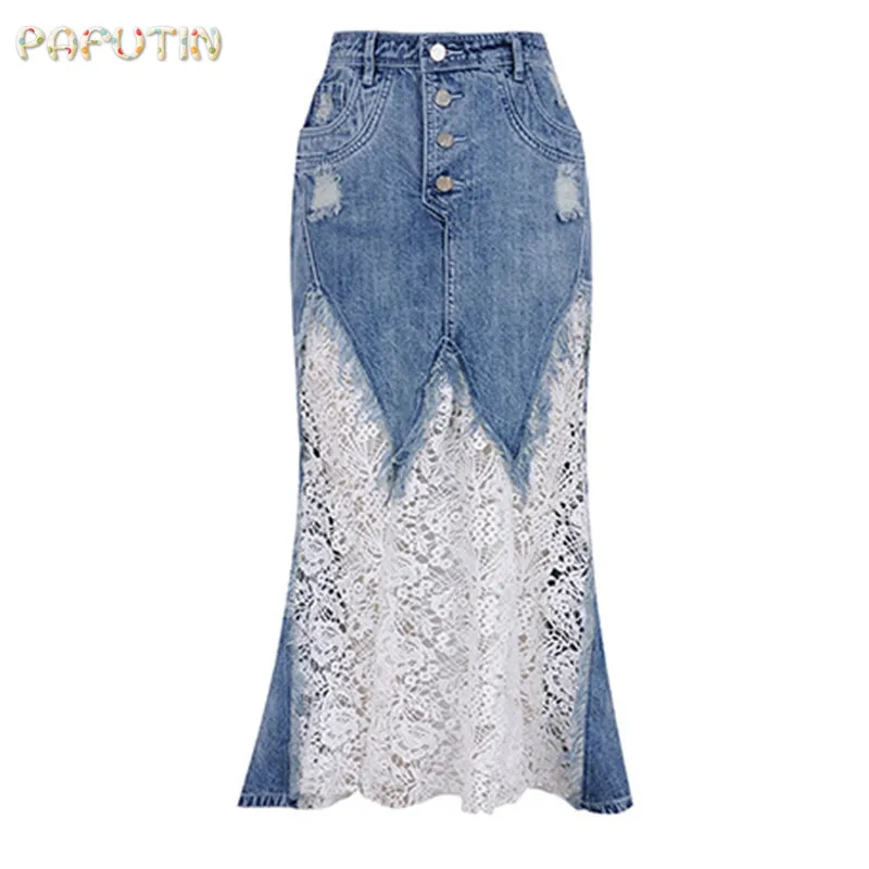 Tutu Tijd beperkte Fashion Patchwork Mid-kalf Rokken 2018 Nieuwe Vrouw Cowboy Rok Packs Billen Kant Stiksels Fishtail vrouwen Tutu Tijd beperkte Fashion Patchwork Mid-kalf Rokken 2018 Nieuwe Vrouw Cowboy Rok Packs Billen Kant Stiksels Fishtail vrouwen