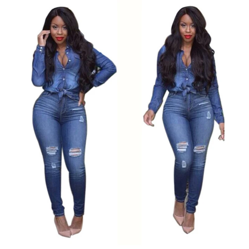 Women Two Piece Set Ripped Jeans Crop Top Casual