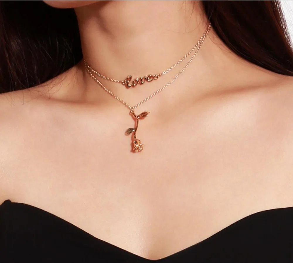 New popular female necklace love rose pendant double necklace Statement