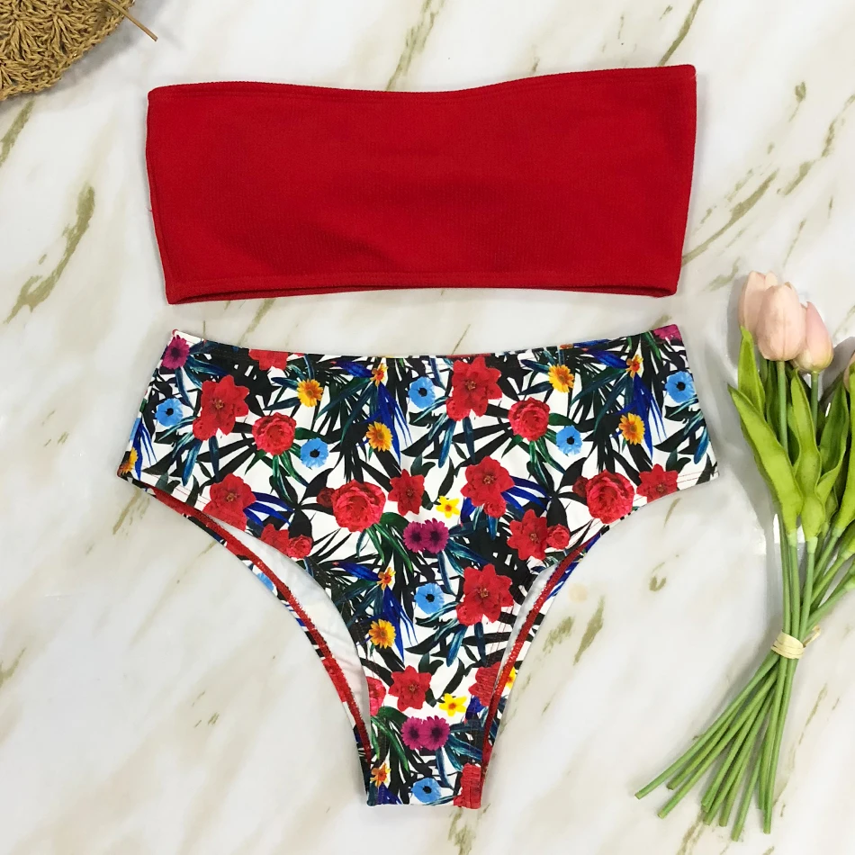 New Bandeau Bikini Set Women High Waist Bikinis Brazilian Biquini Swimsuit Floral Printed Swimsuit Beach Wear Bathing Suit