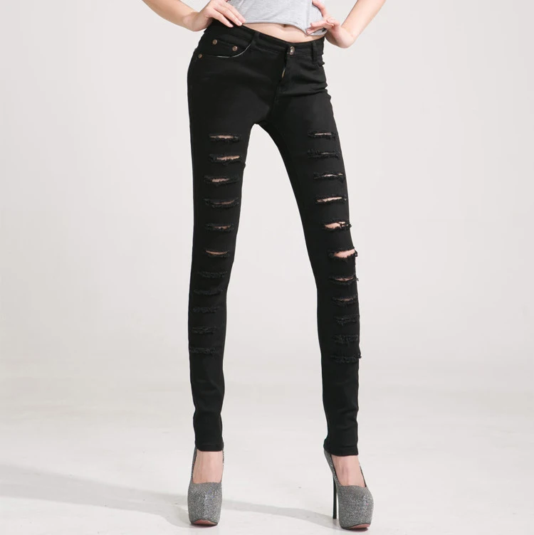 2016 new fashion Slim feet holes jeans lady large size jeans female multicolor