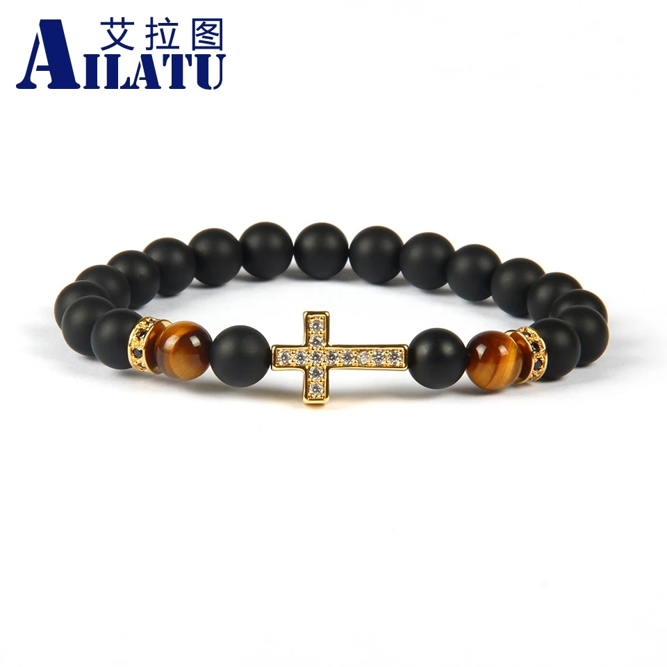 

Ailatu Religious Totem Jewelry 8mm Matte Onyx & Tiger Eye Stone Beads Clear Cz Royal Cross Jesus Bracelet