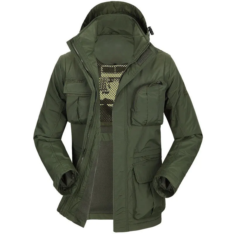 Men Quick Dry Jacket New Arrival Spring Autumn Brand Clothes Khaki Pockets Design Casual Coats Hooded Men CLOTHING Hot Sale - Цвет: army green ASIA SIZE