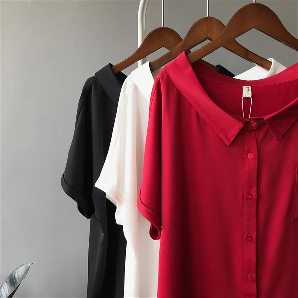 High quality Red Chiffon Wide neck Loose Shirt Office Top 2018 Working Women Blouse Shirt Half Loose Sleeve Summer Elegant top (2)