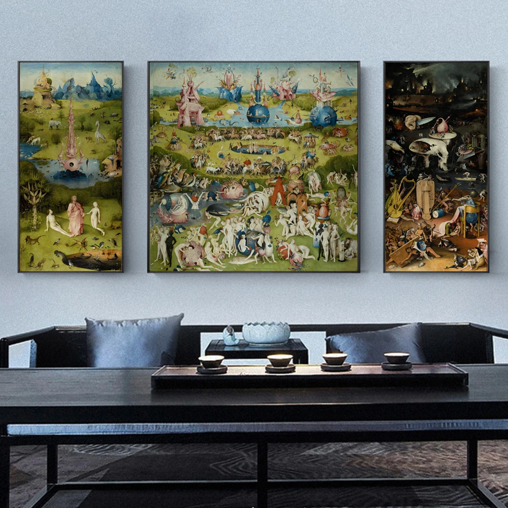 Billig 3 platten Der Garten von Irdischen Malerei Reproduktionen Auf Die Wand Durch Hieronymus Bosch Wand Kunst Leinwand Modulare Bild Hause decor