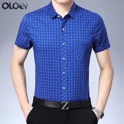 Уход 2019 бизнес футболки с коротким рукавом новый бренд белый синий рубашки в клетку slim fit Мужская блузка хлопок повседневные мужские