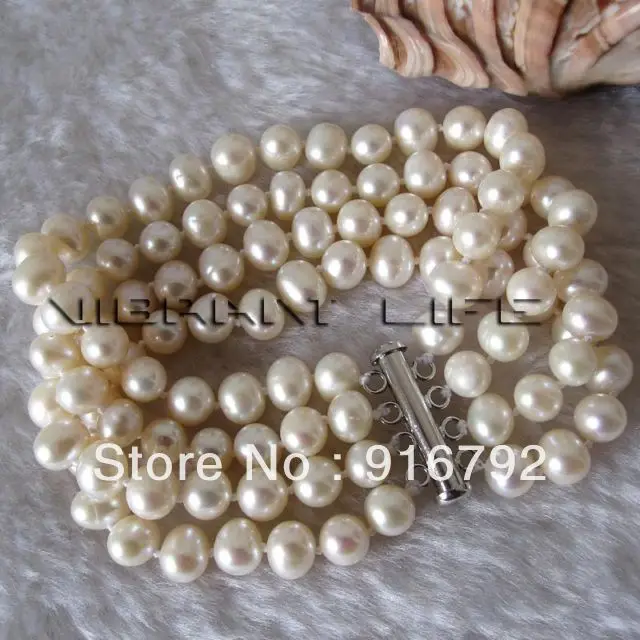 free P&P >>>>> 8 Inches 6 8mm 4 Row White Freshwater Pearl