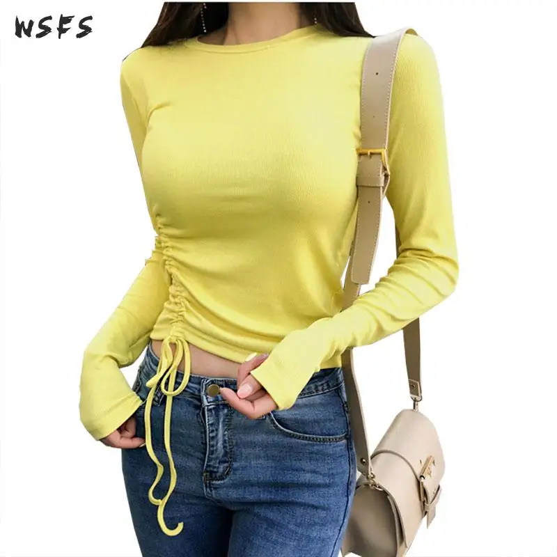 

Spring Short Tshirt Womens Yellow Oneck Long Sleeve T Shirt Elastic Drawstring Sexy Bandage Tight Crop Tops Ladies Tees T-shirt